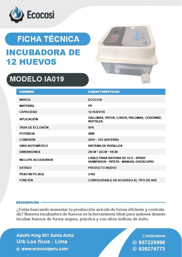 INCUBADORA DE 12 HUEVOS