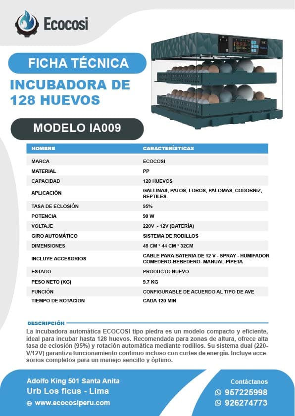 INCUBADORA DE 128 HUEVOS TIPO ROCA