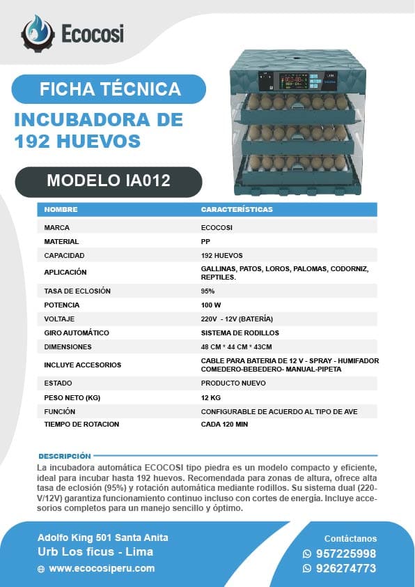 INCUBADORA DE 192 HUEVOS TIPO ROCA