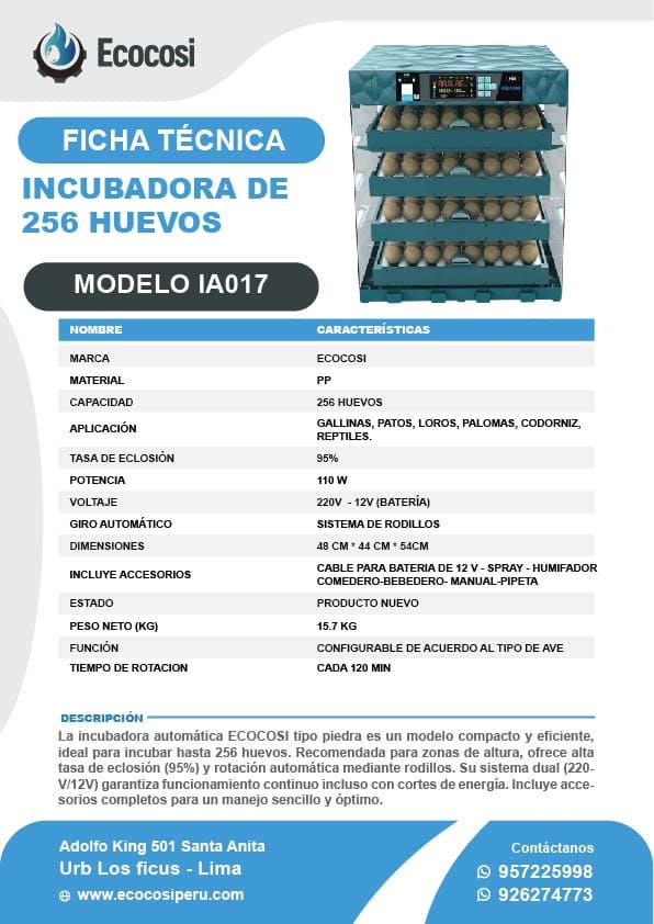 INCUBADORA DE 256 HUEVOS TIPO ROCA