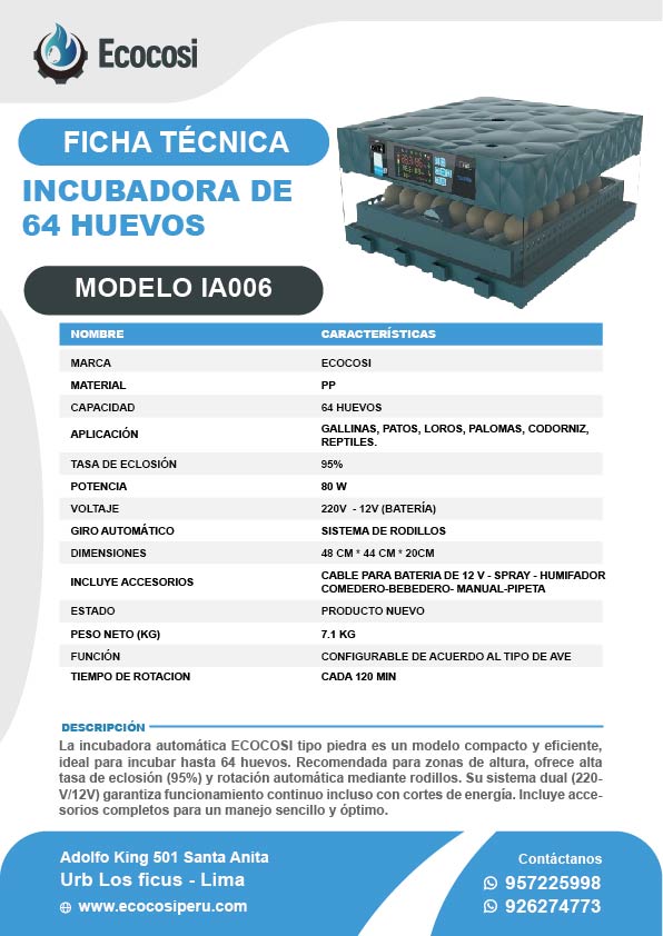 INCUBADORA DE 64 HUEVOS TIPO ROCA